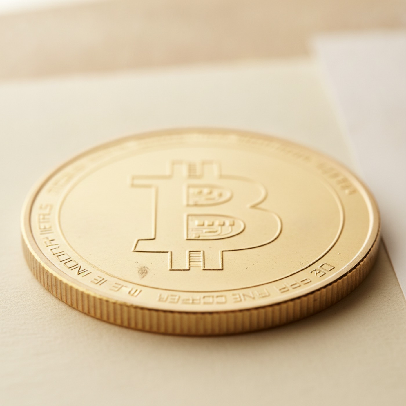 Close-up of a bitcoin coin showing the ridged edge and the symbol