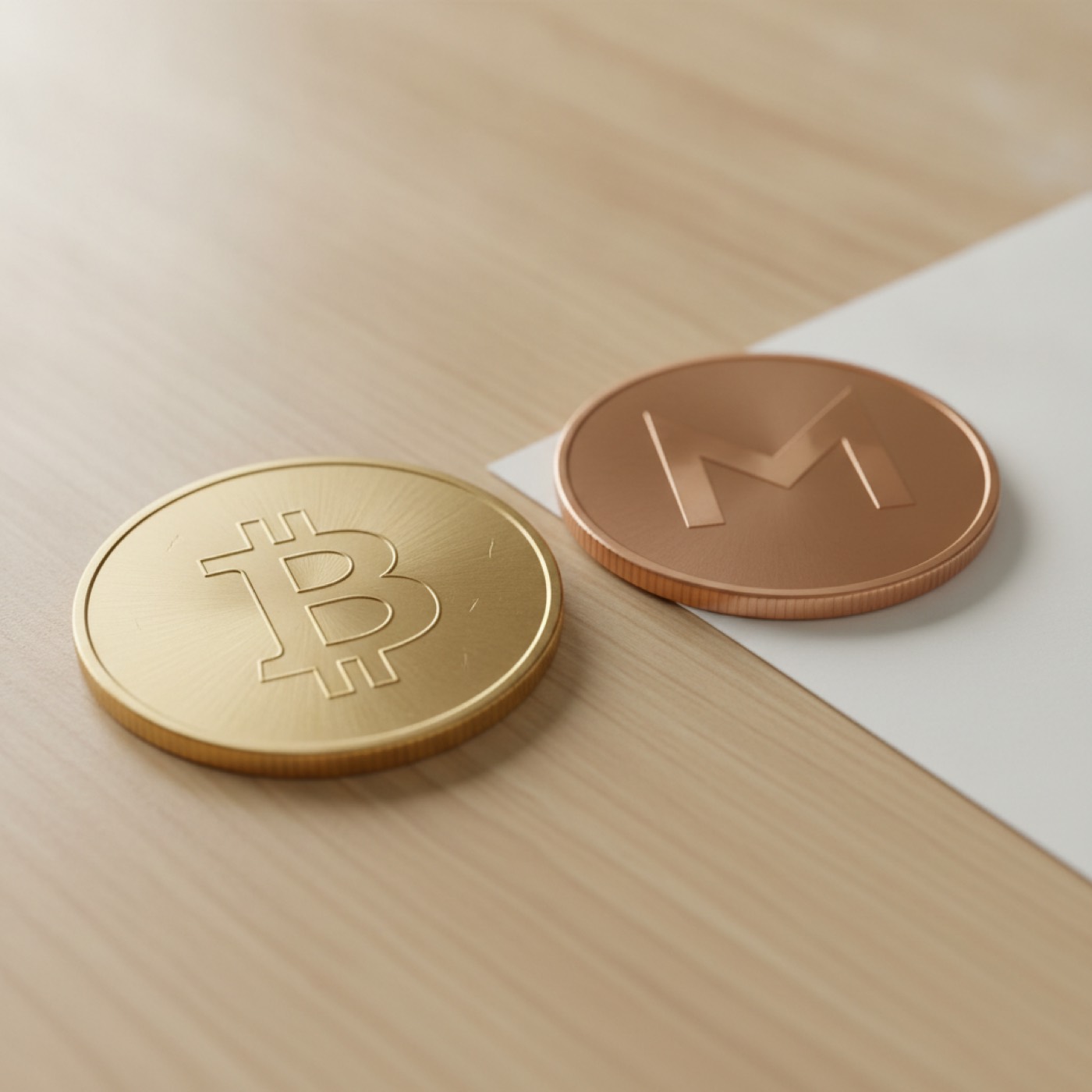 Two coins on a table, one face up and one face down, lit from the side