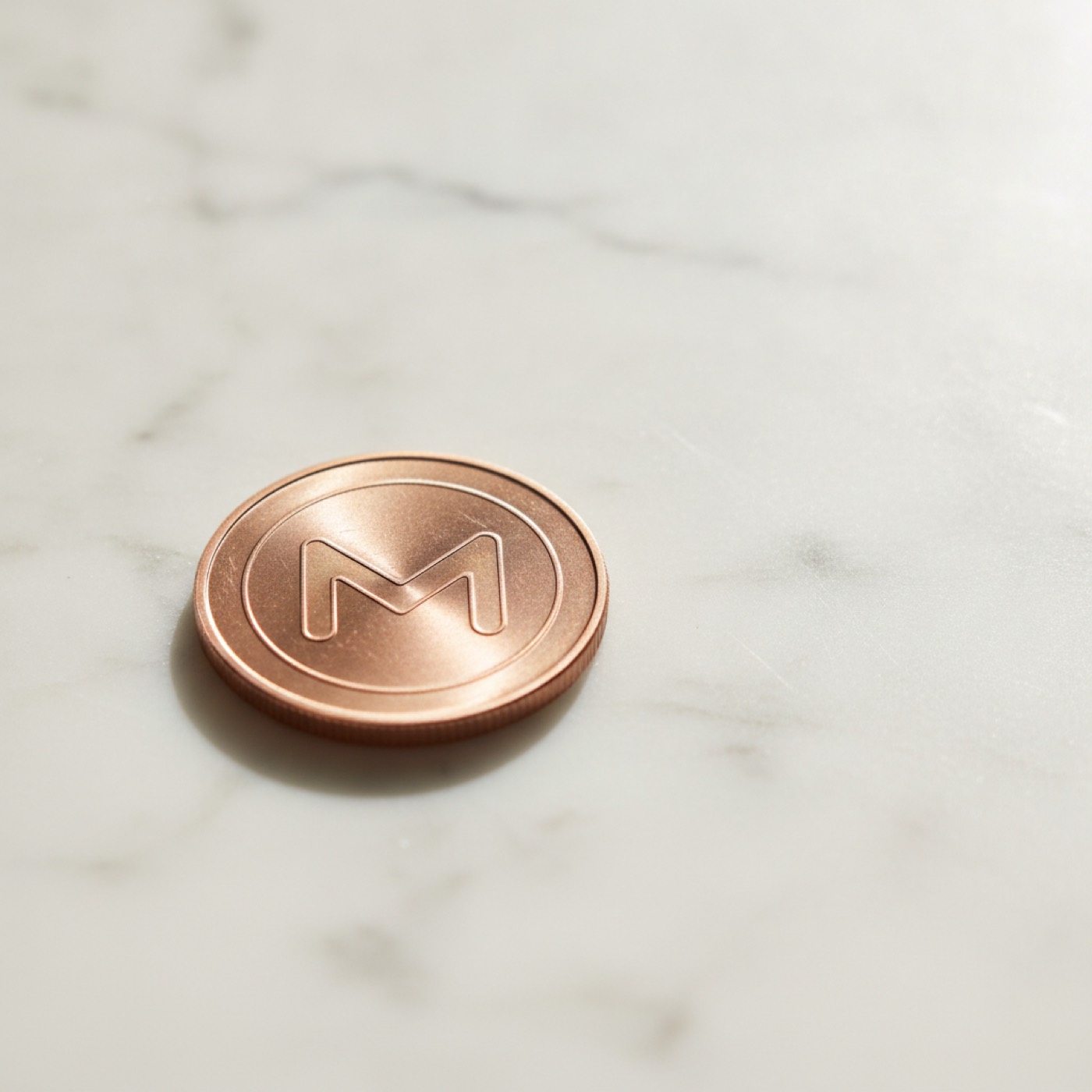 A monero coin lying on a pale marble surface with soft shadows